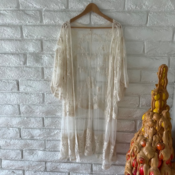 Adiva Boho Embroidered Lace Kimono Open Front Bell Sleeves Sz L - Picture 7 of 8
